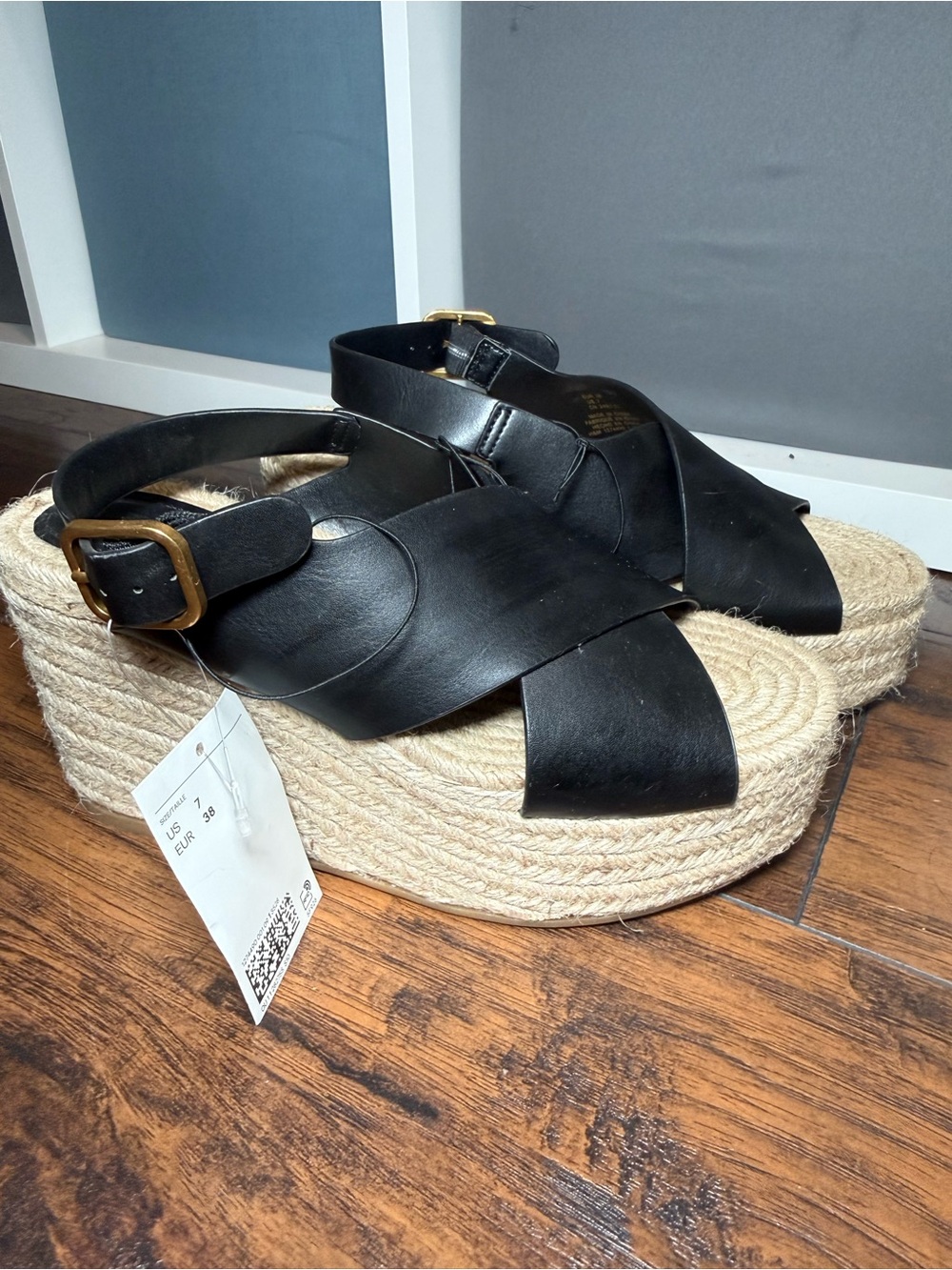 H&M Black Leather Crisscross Platform Espadrille Sandals